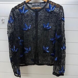 Robert Anthony Womens Silk Beaded Sequin Butterfly Evening Jacket Black Blue S